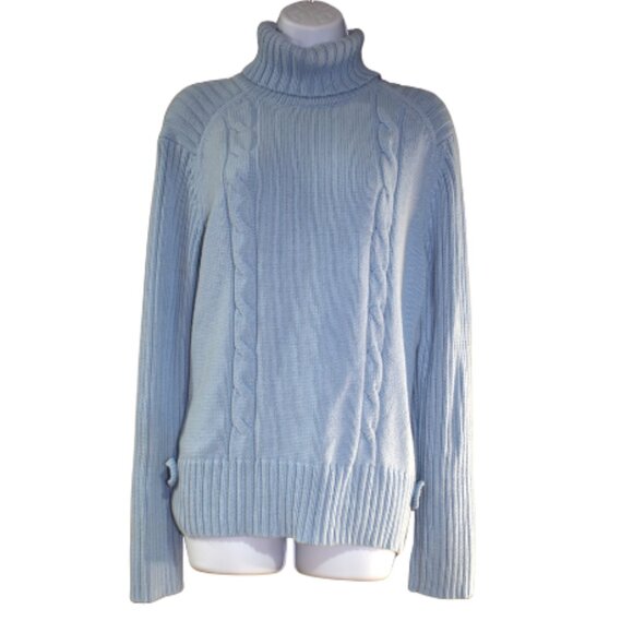 Tommy Hilfiger Vtg Cable Knit Turtleneck Sweater XL Crown Blue Preppy Classic - Picture 1 of 11
